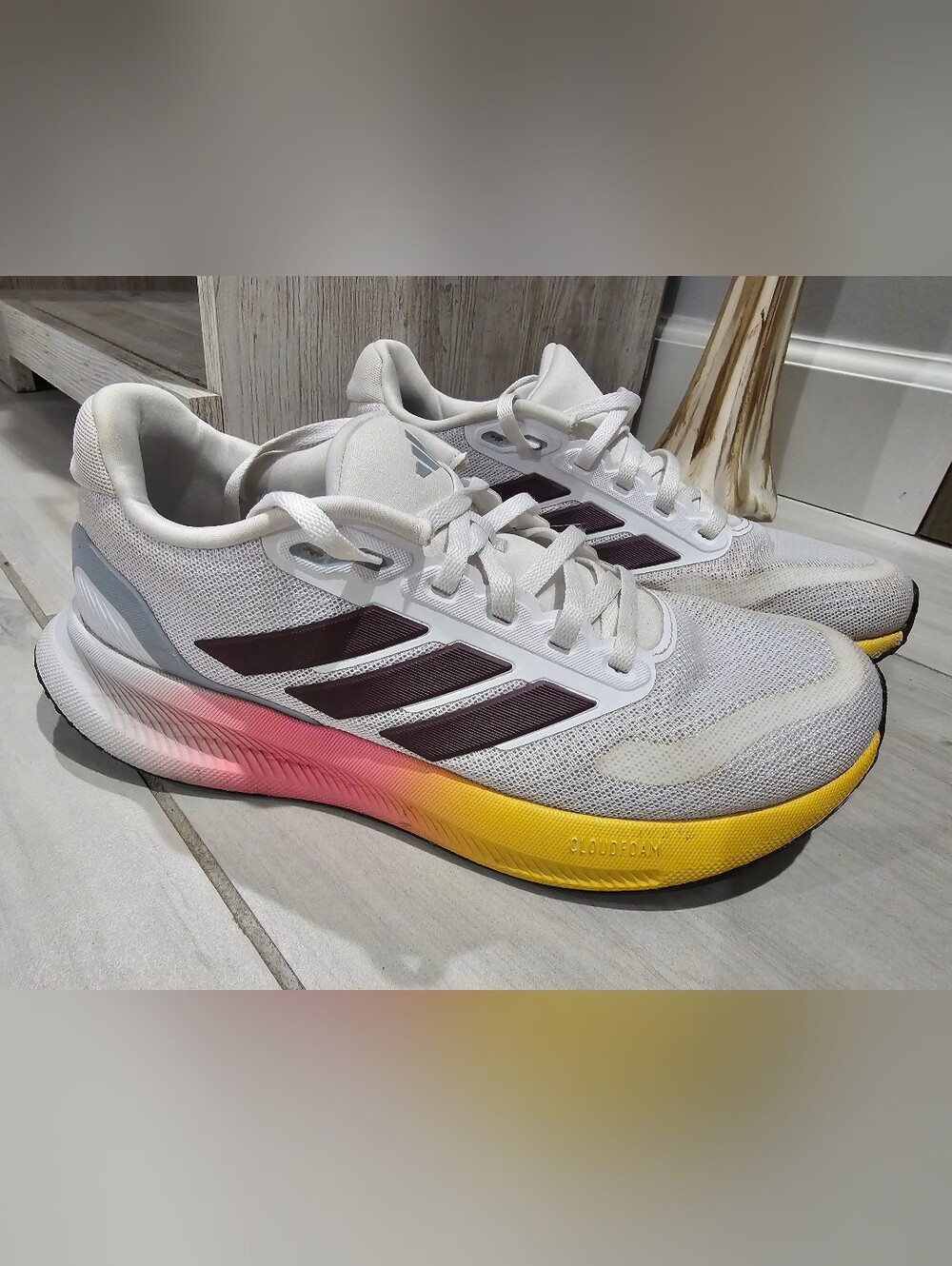 Adidas Women's White Running Shoes with Pink and Yellow Gradient Midsole Size 7